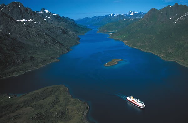 One of the Hurtigruten fleet sailing the Raftsundet