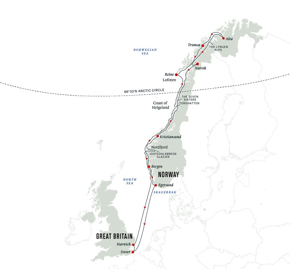 Dover to Honningsvag Map