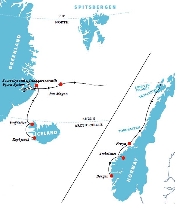 Hurtigruten's Ultimate Fjord Expedition in the Arctic Norway, Iceland and Greenland Map